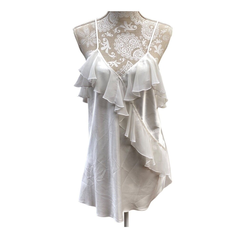 Vtg Linda Bis size L satin w/chiffon flounce-trimmed camisole top white